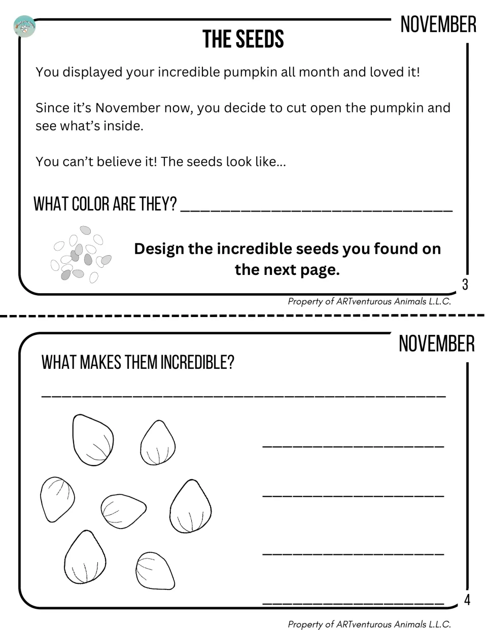 November story, The Seeds: students imagine the seeds inside, name their color, design them and say why they're special