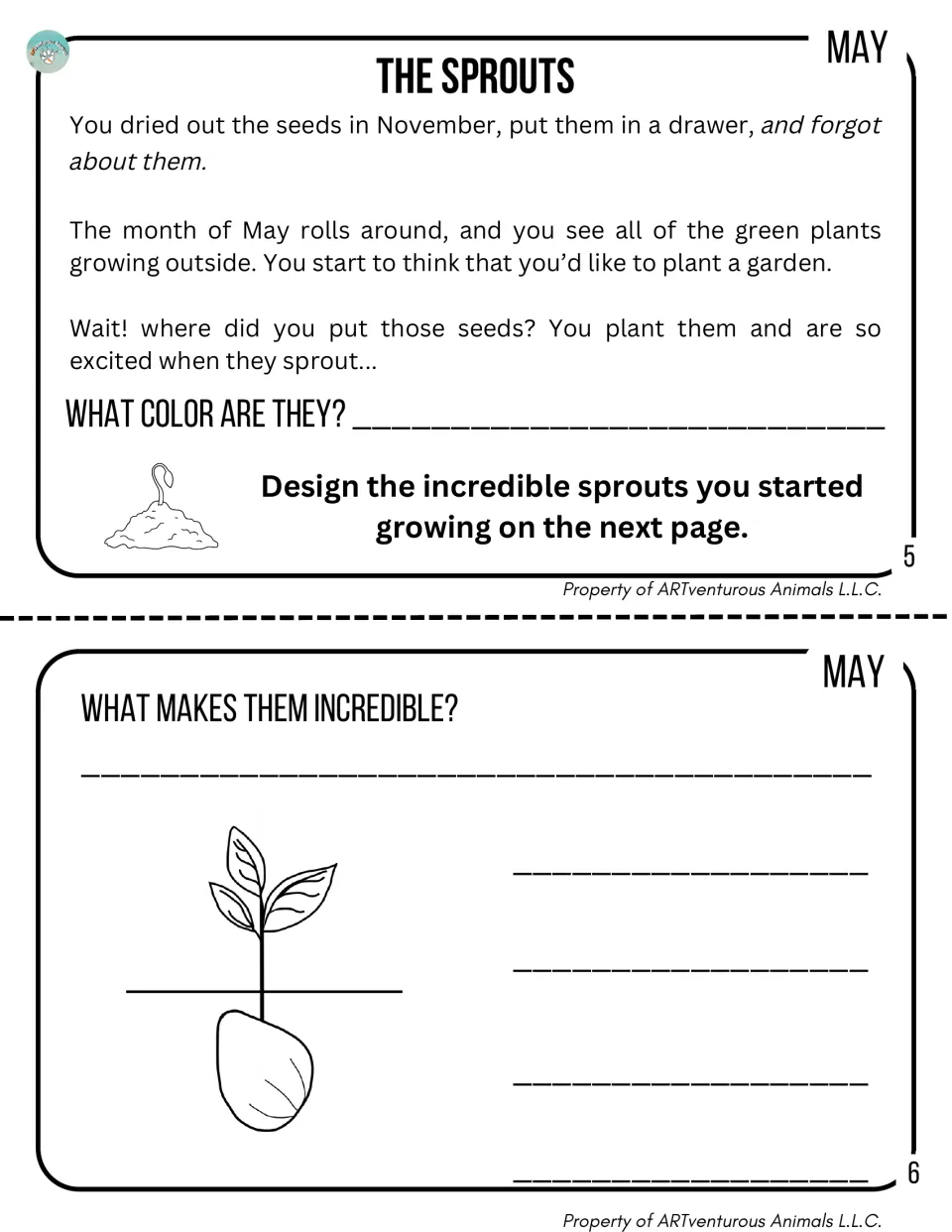 May story, The Sprouts: students give the sprouting seeds a color, design the sprouts and write what makes them unique