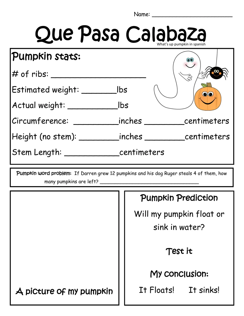 Que Pasa Calabaza pumpkin stats: students measure and weigh a pumpkin, solve a word problem and predict float or sink