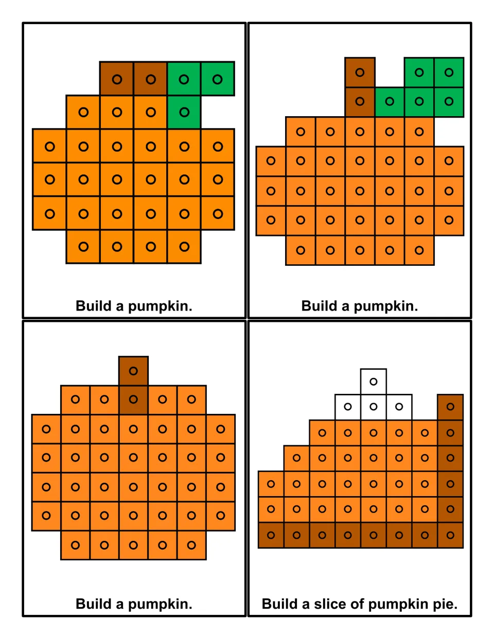 Pumpkin cube mats: students cover colored squares with cubes to build three pumpkins and a slice of pumpkin pie