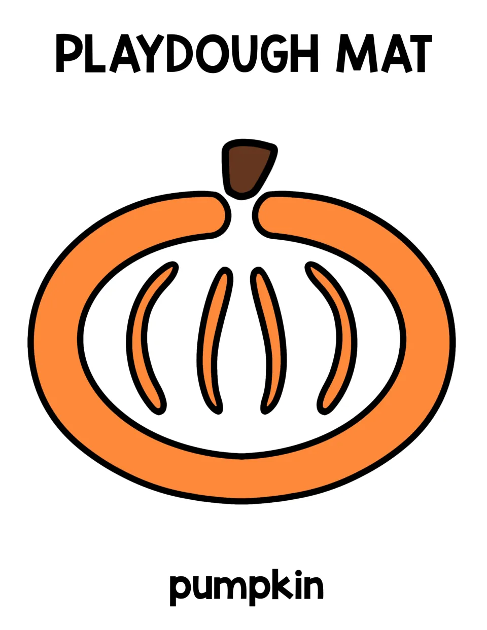 Pumpkin playdough mat: students roll dough snakes to trace a wide pumpkin outline, four rib curves and stem for fine motor
