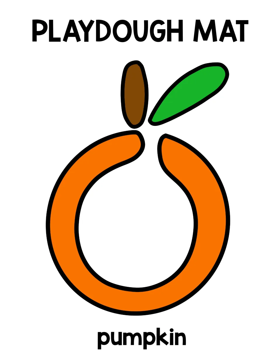 Round pumpkin playdough mat: children press dough along a circular orange outline topped by a brown stem and green leaf