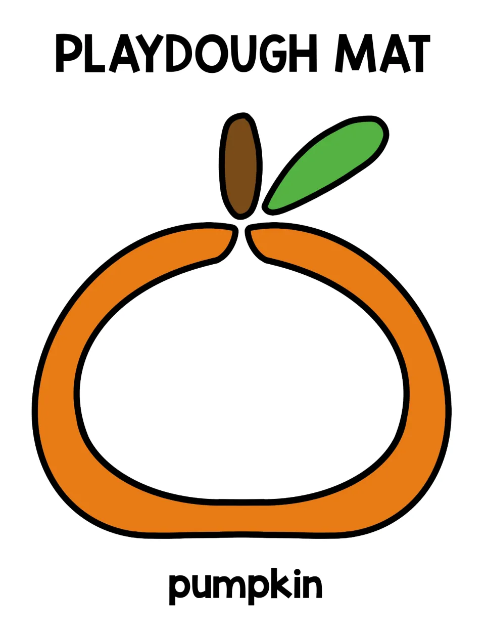 Wide pumpkin playdough mat: kids roll dough to fill a squat orange pumpkin outline under a brown stem and green leaf