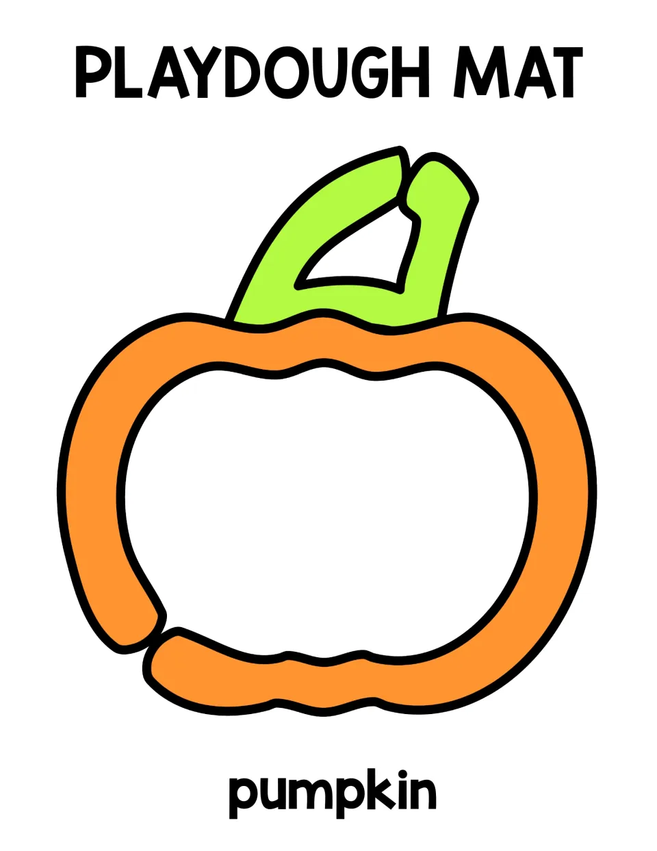 Tall pumpkin playdough mat: learners shape dough over a bumpy orange pumpkin outline with a curved lime-green stem to trace