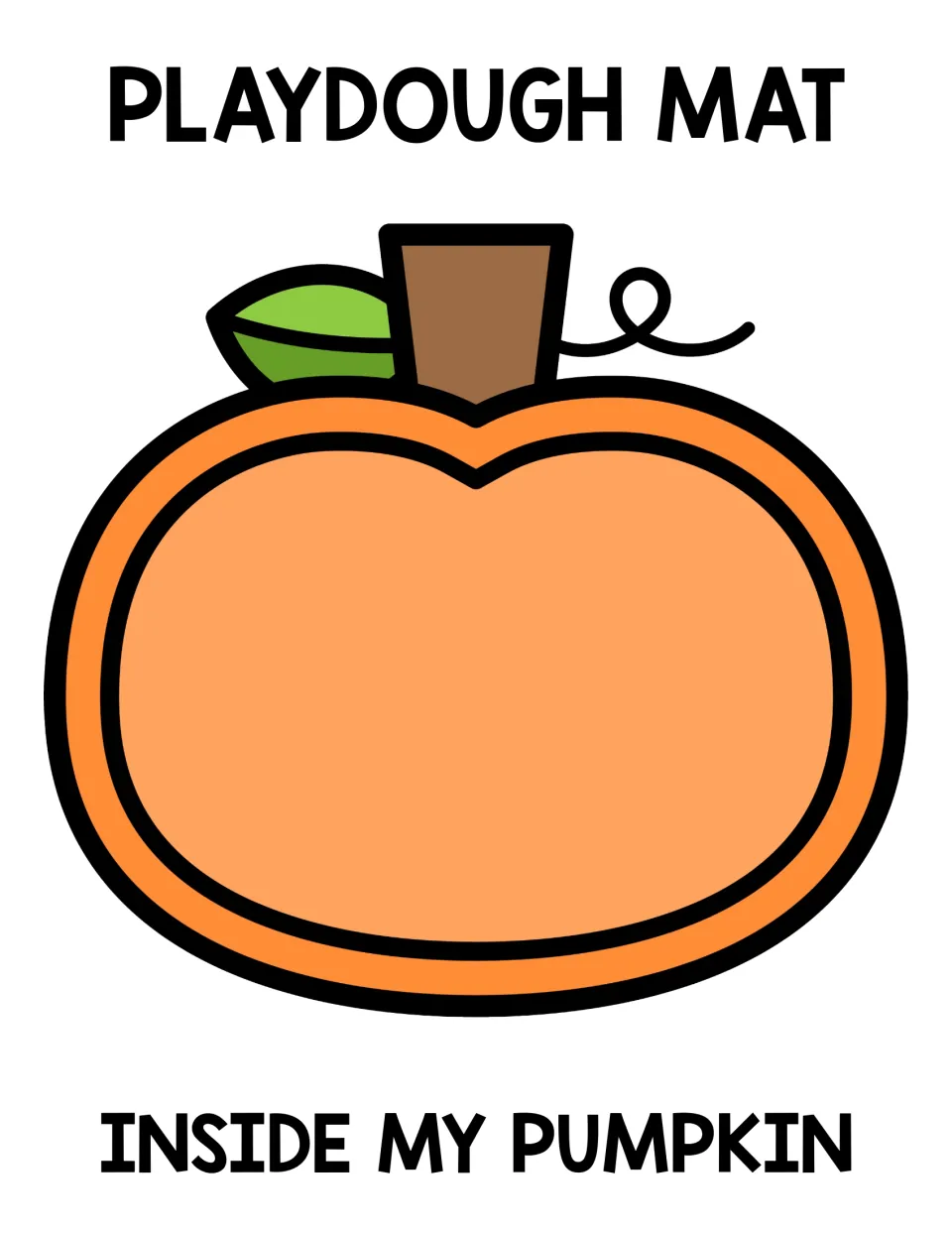 Inside My Pumpkin playdough mat: an orange pumpkin with stem, leaf and vine where students model what is inside in dough