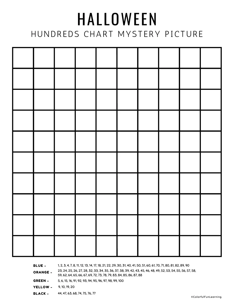 Blank Halloween hundreds chart: students write numbers 1 to 100, then follow the color code to uncover the hidden picture