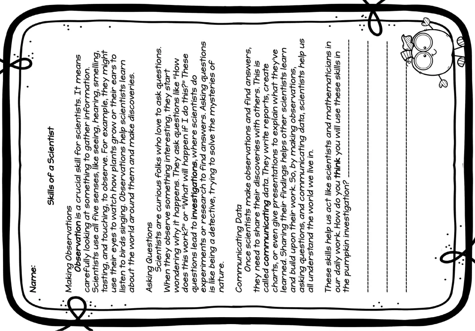 Scientist-skills reading explains making observations, asking questions, and communicating data