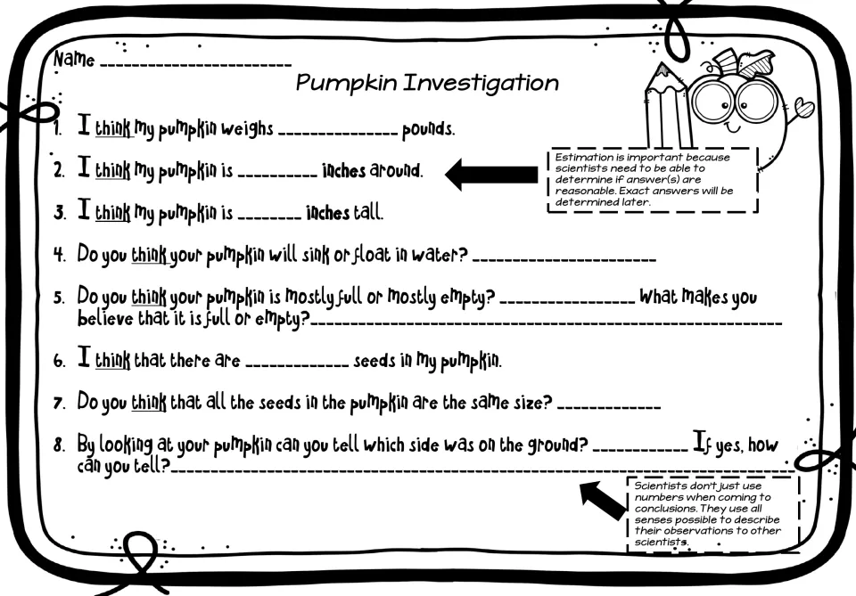 Customary-unit estimation sheet asks about pumpkin weight, size, floating, fullness, seeds, and ground contact