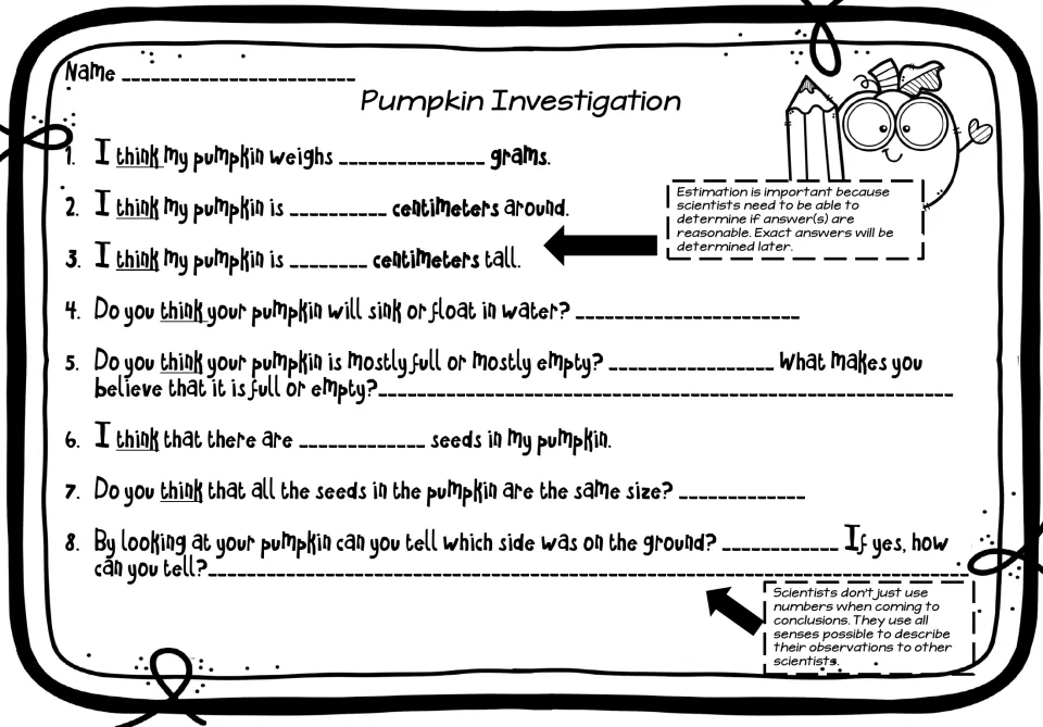 Metric estimation sheet asks about pumpkin weight, size, floating, fullness, seeds, and ground contact