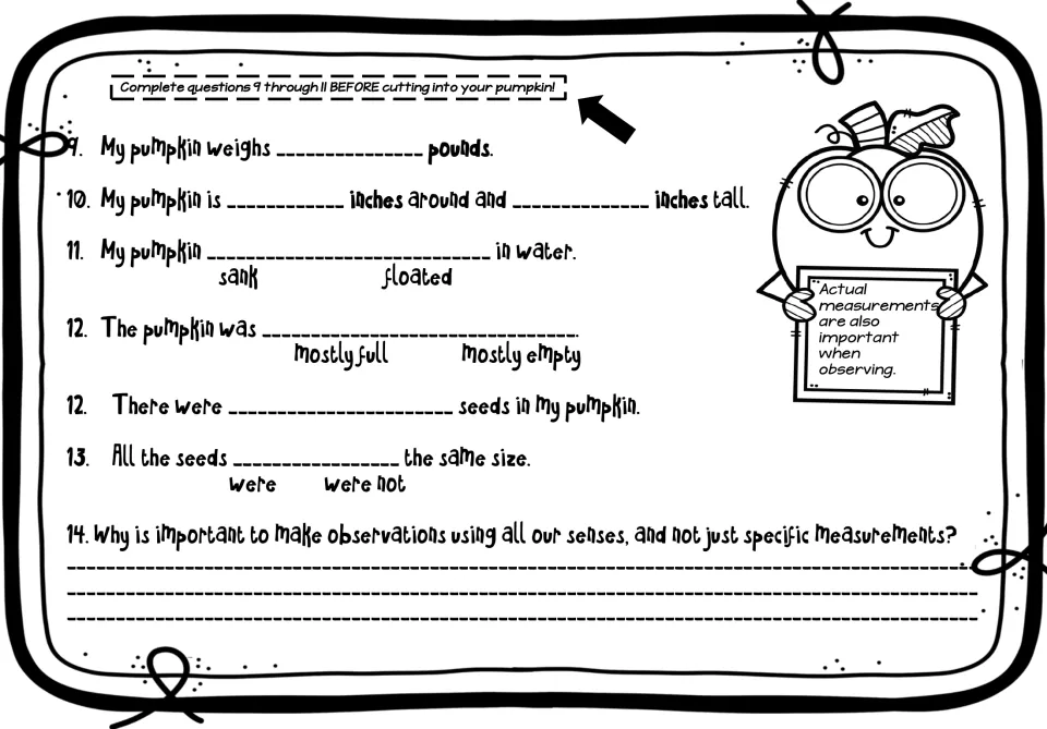 Customary-unit results sheet records pumpkin weight, size, floating, fullness, seeds, and sensory reflection