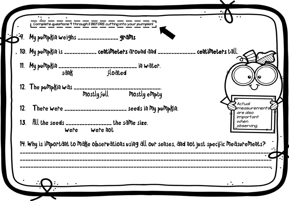 Metric results sheet records pumpkin weight, size, floating, fullness, seed count, and sensory reflection