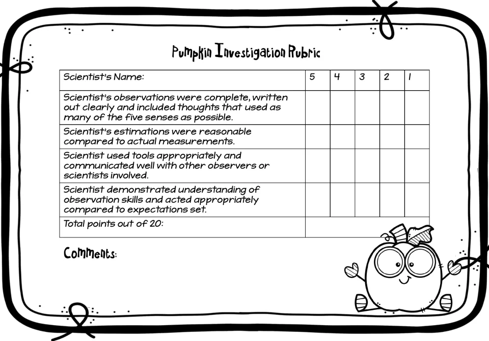 Pumpkin project rubric scores observations, estimates, tool use, communication, and conduct out of 20 points
