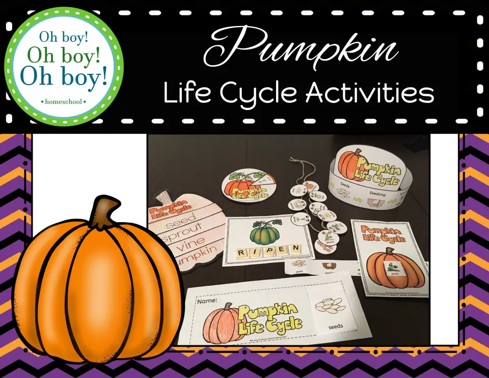 Pumpkin Life Cycle Activities cover: photo of a crown, necklace, spinner, flap circle, slider, booklet and word tiles