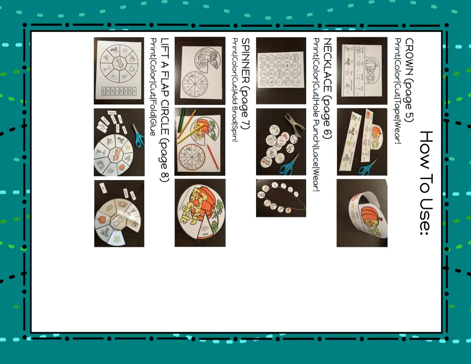 How-to-use photo guide: print, color, cut and assemble steps for the crown, necklace, spinner and lift-a-flap circle