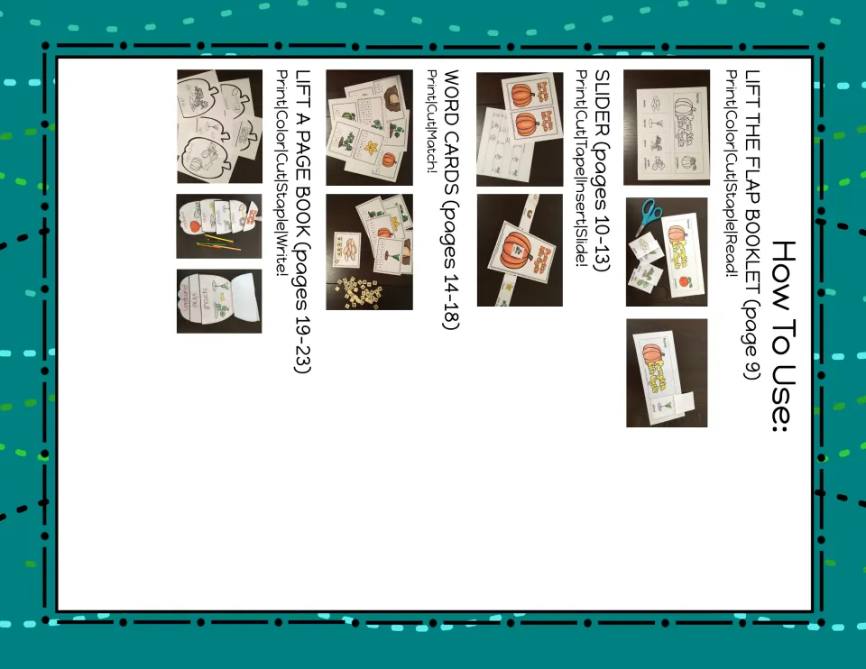 How-to-use photo guide: steps for the lift-the-flap booklet, slider, word cards with letter tiles and lift-a-page book