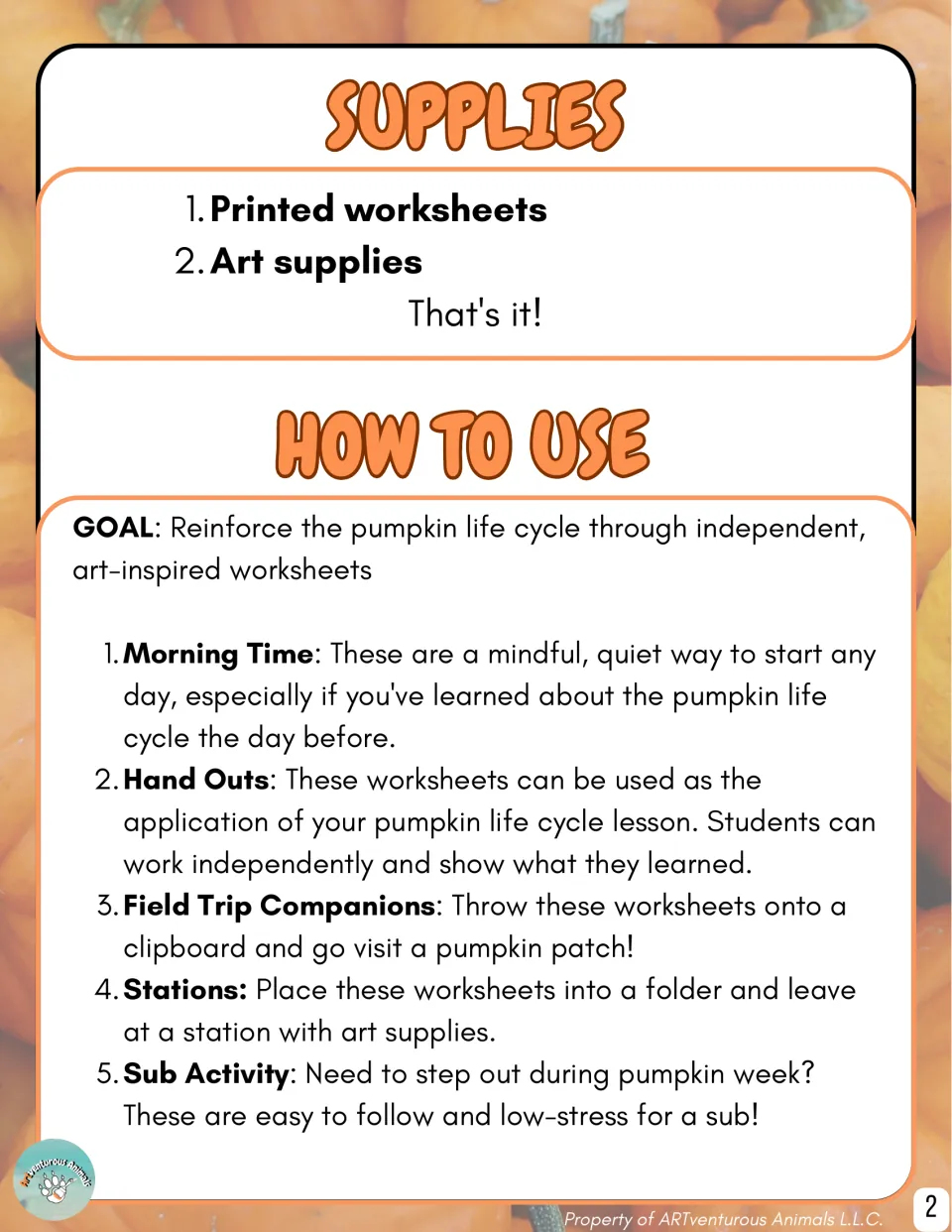 Supplies and use guide for pumpkin worksheets, listing printed pages, art supplies, and five classroom uses