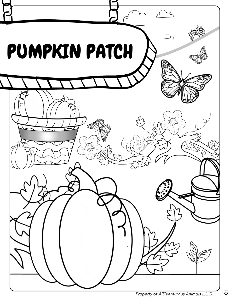 Pumpkin Patch coloring page in the life cycle packet features pumpkins, vines, blossoms, butterflies, and a sprout