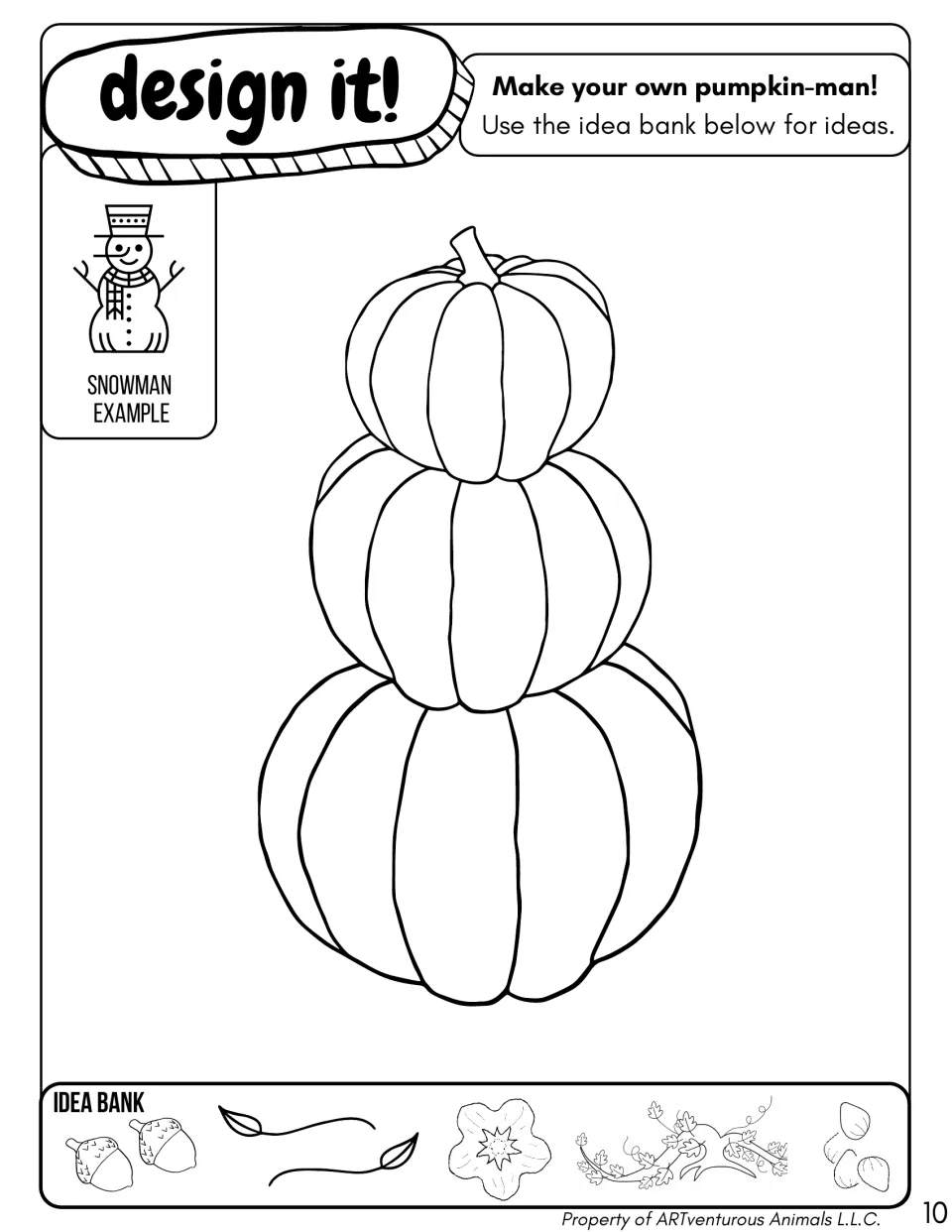 Design it! pumpkin-man activity provides three stacked pumpkins, a snowman example, and a nature-themed idea bank