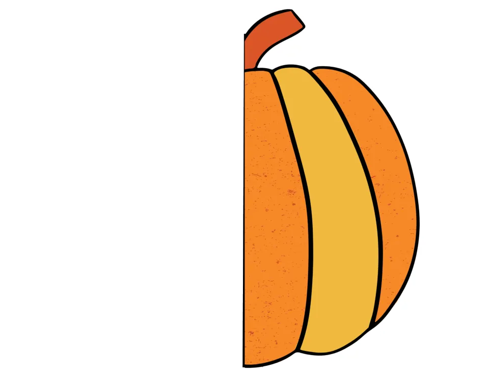 Colored right pumpkin half with a stem, an orange and yellow cutout piece for the life cycle foldable