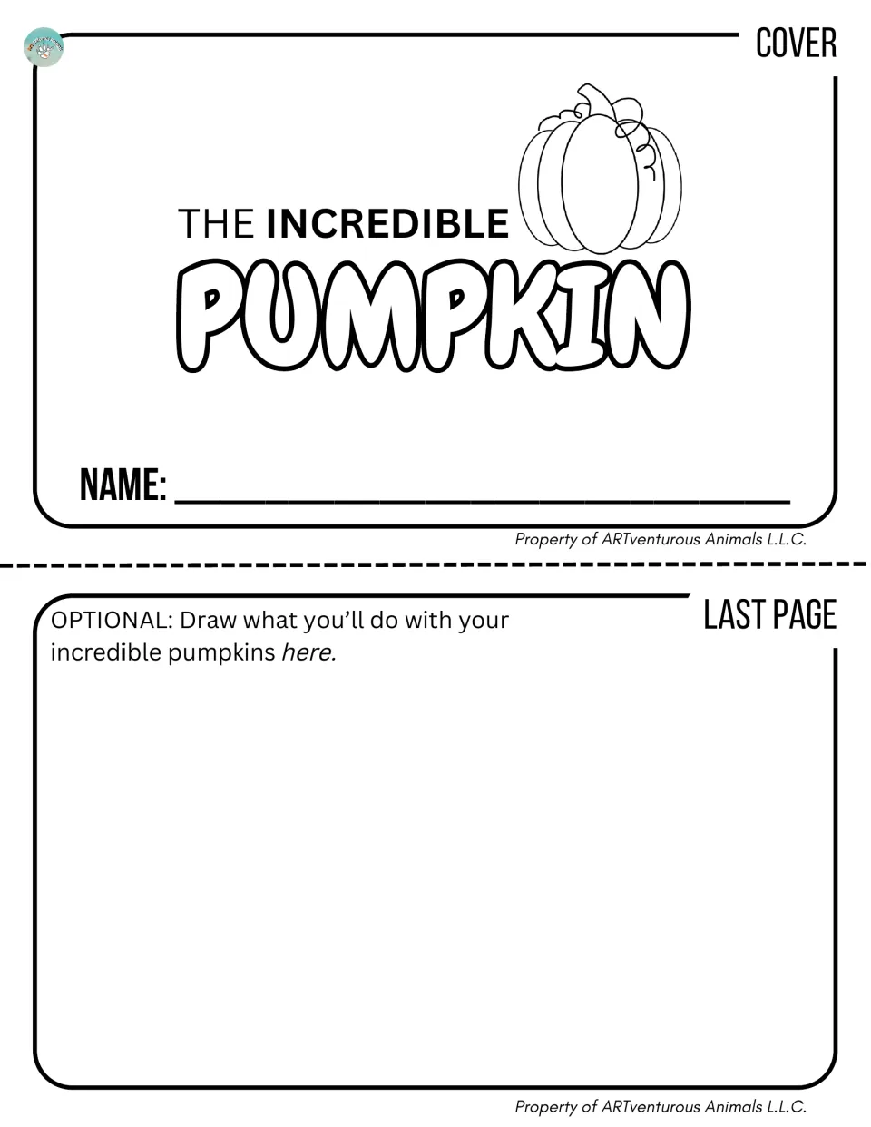 Booklet cover with a pumpkin to color and a name line, plus an optional last page to draw what you'll do with your pumpkins