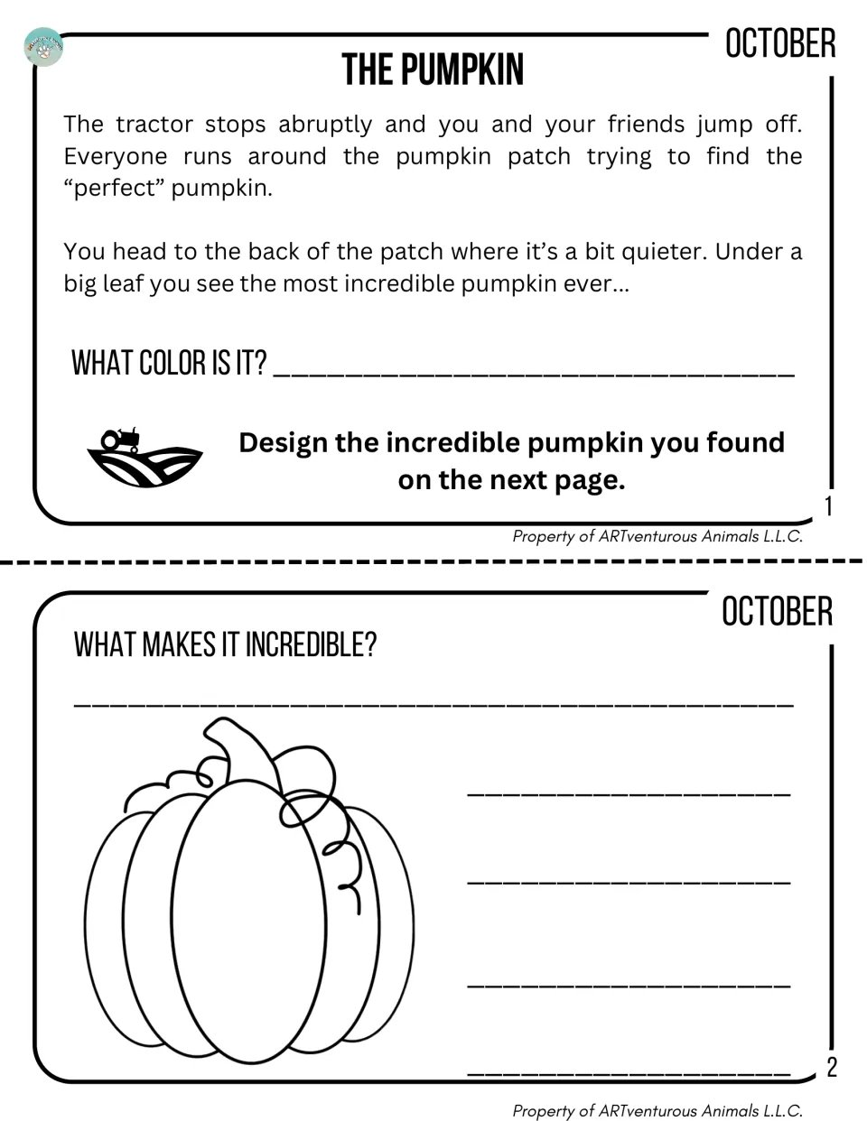 October, The Pumpkin: students read a pumpkin patch story, name its color, design it and write what makes it incredible