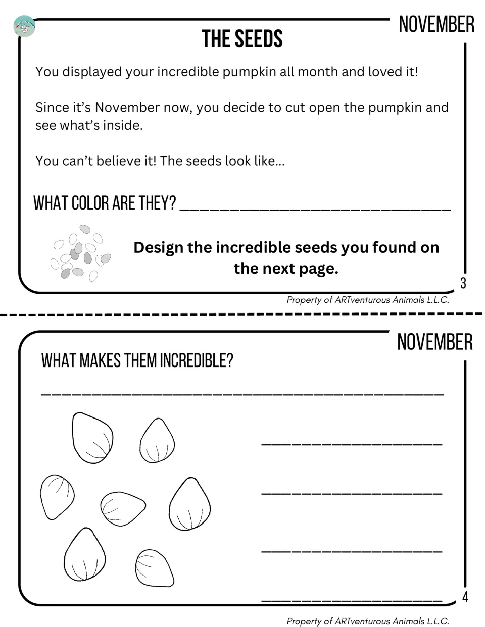 November, The Seeds: students read about cutting the pumpkin open, name seed color, design seeds and tell what's special