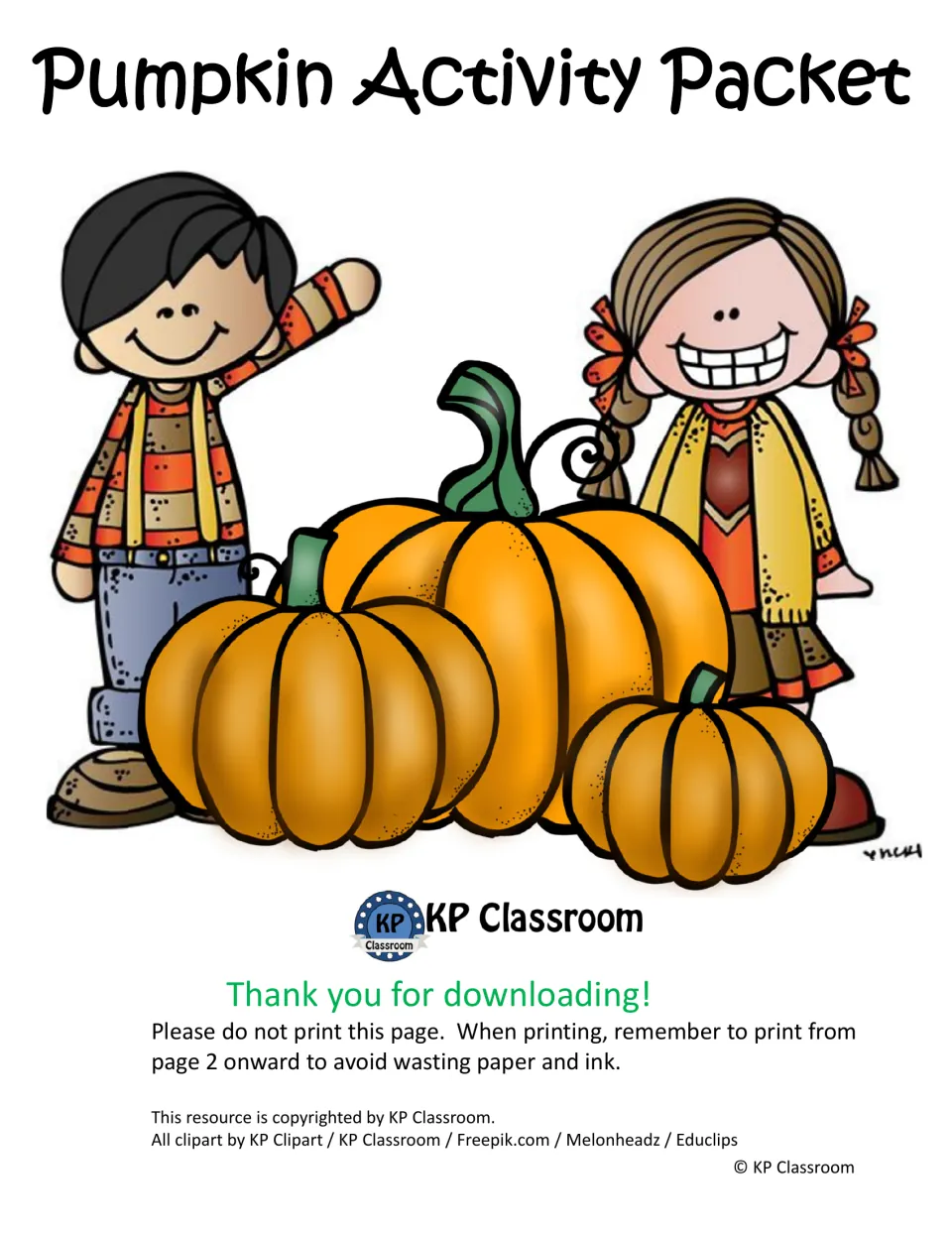 Cover of the pumpkin activity packet by KP Classroom, with instructions to print from page 2 onward