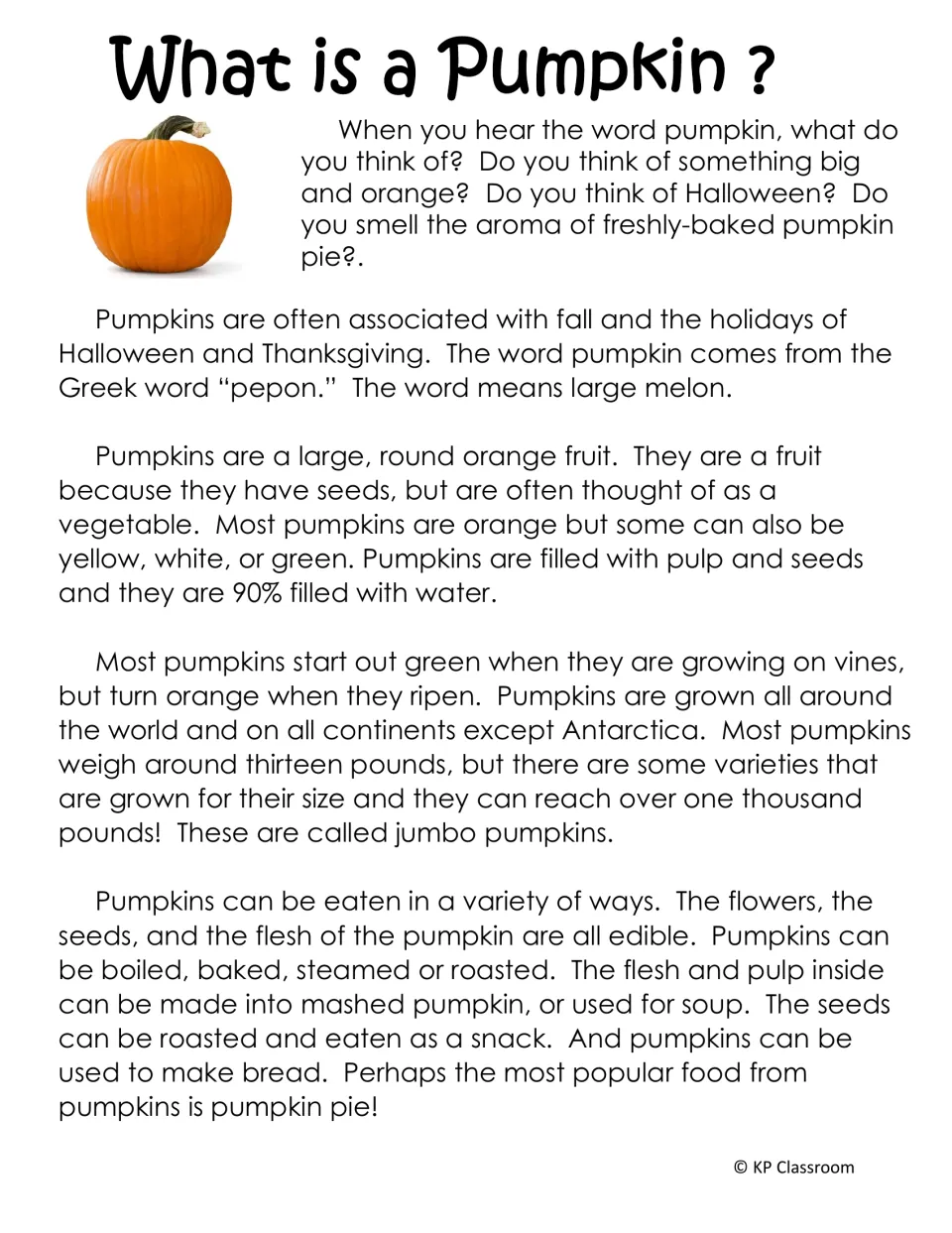 Reading passage 'What is a Pumpkin?' explains pumpkin names, colors, growth, size, seeds, and edible parts