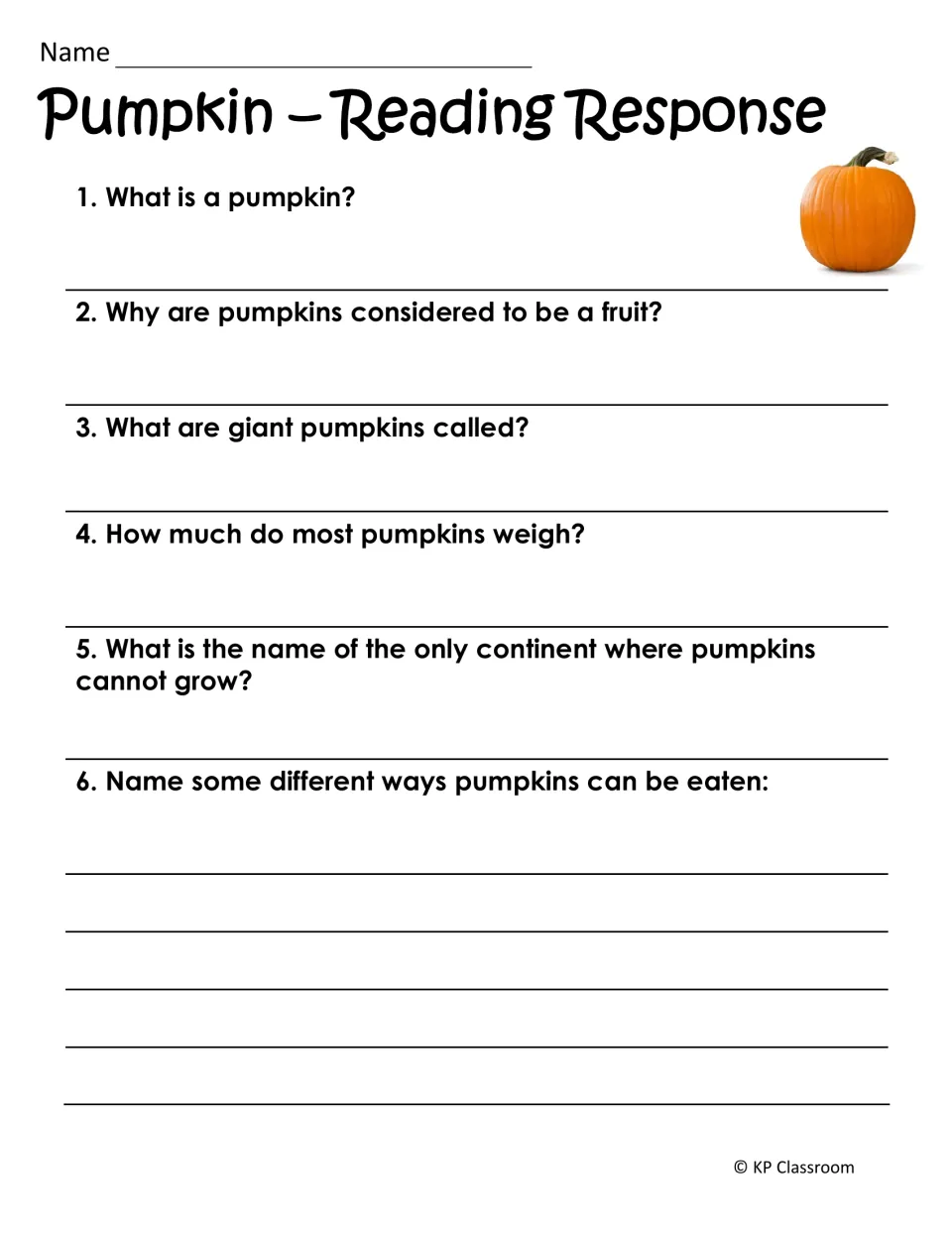 Pumpkin reading response asks six questions about fruit classification, jumbo pumpkins, weight, and food