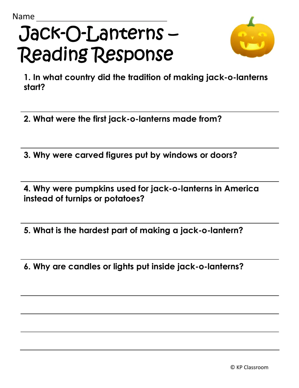 Jack-o-lantern reading response asks six questions about origins, turnips, carving pumpkins, and lights