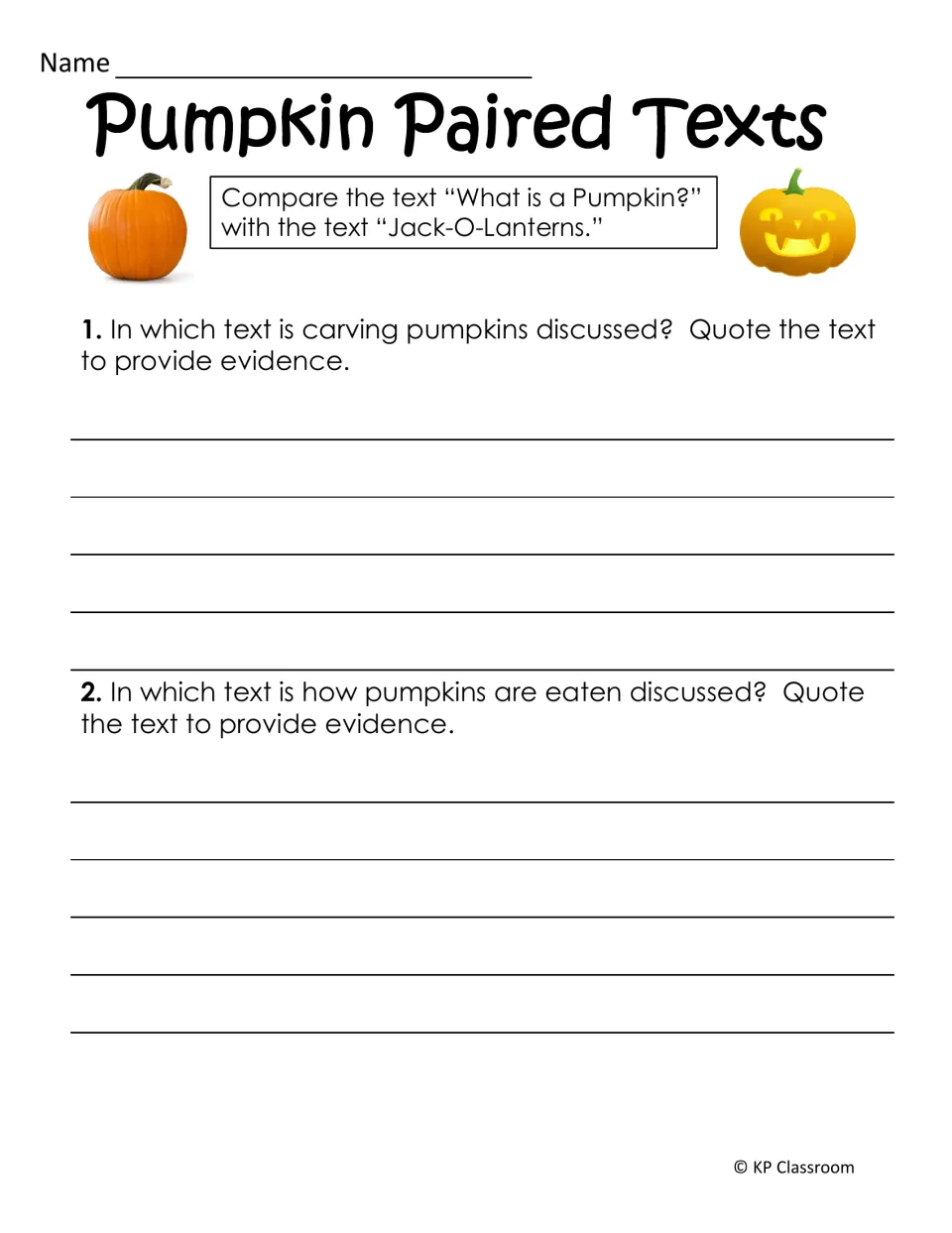 Paired-text response asks students to identify and quote the readings about carving and eating pumpkins