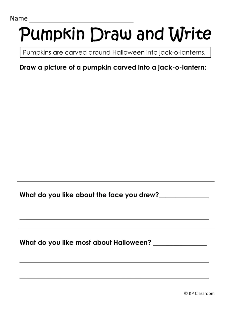 Pumpkin draw-and-write activity asks for a jack-o-lantern drawing and responses about its face and Halloween