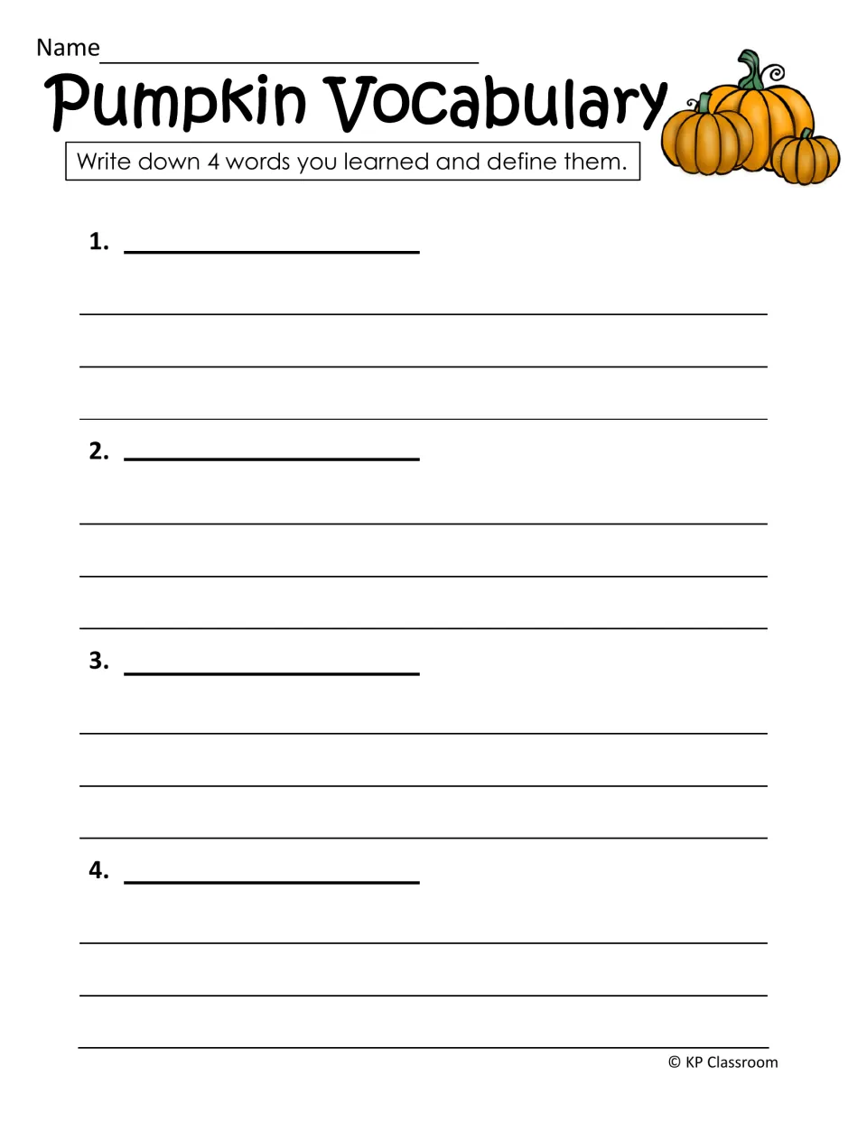 Pumpkin vocabulary activity asks students to choose four words they learned and write a definition for each