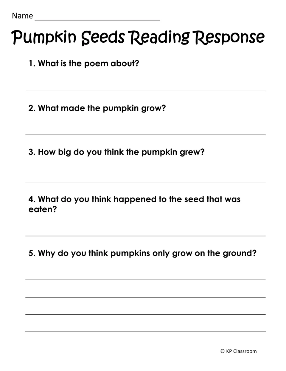 Pumpkin Seeds reading response asks five questions about the poem, pumpkin growth, size, and the eaten seed