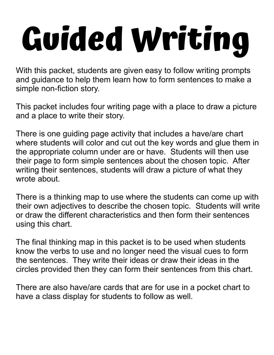 Guided writing directions explain the four writing pages, have/are sorting activity, maps, and pocket chart cards.