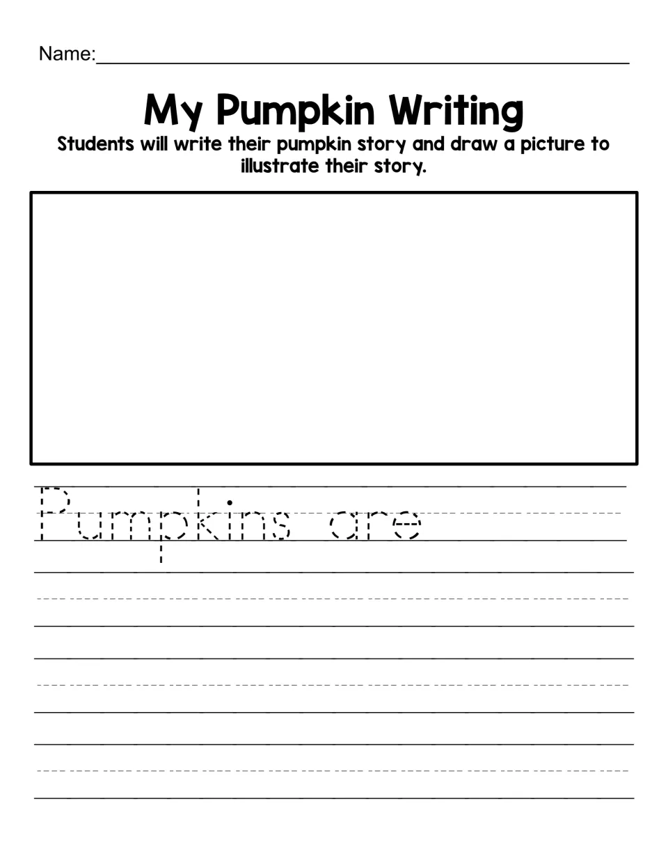 Pumpkin writing page includes the traceable starter “Pumpkins are” for students to complete and illustrate.