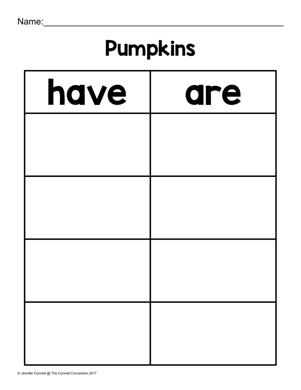 Pumpkin have/are sorting chart receives the eight cutout vocabulary cards used to form simple pumpkin sentences.
