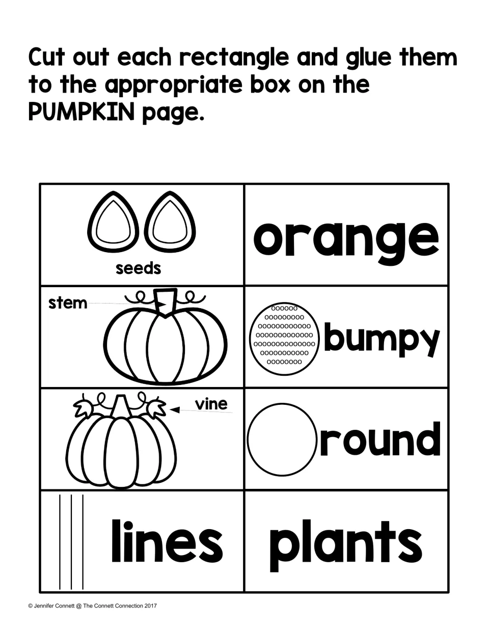 Eight pumpkin sorting cards: seeds, orange, stem, bumpy, vine, round, lines, and plants, to cut out and glue.
