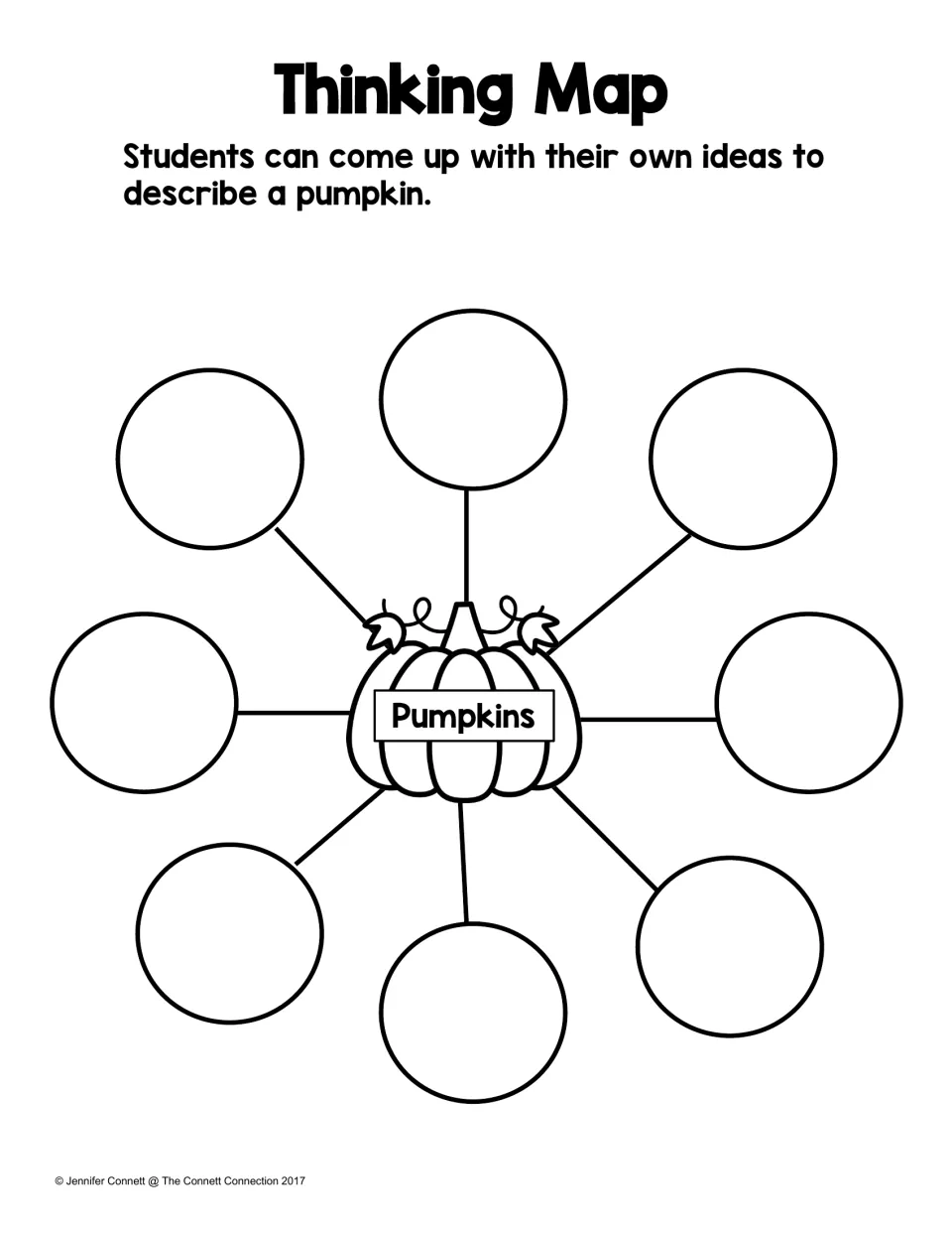 Pumpkin thinking map invites students to develop eight ideas describing a pumpkin without are/have prompts.