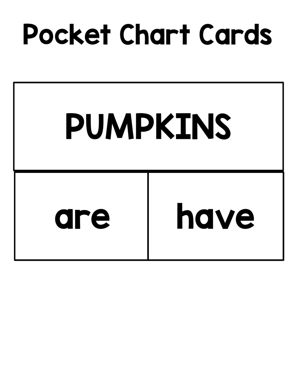 Three pocket chart heading cards read “PUMPKINS,” “are,” and “have” for a class display supporting pumpkin writing.