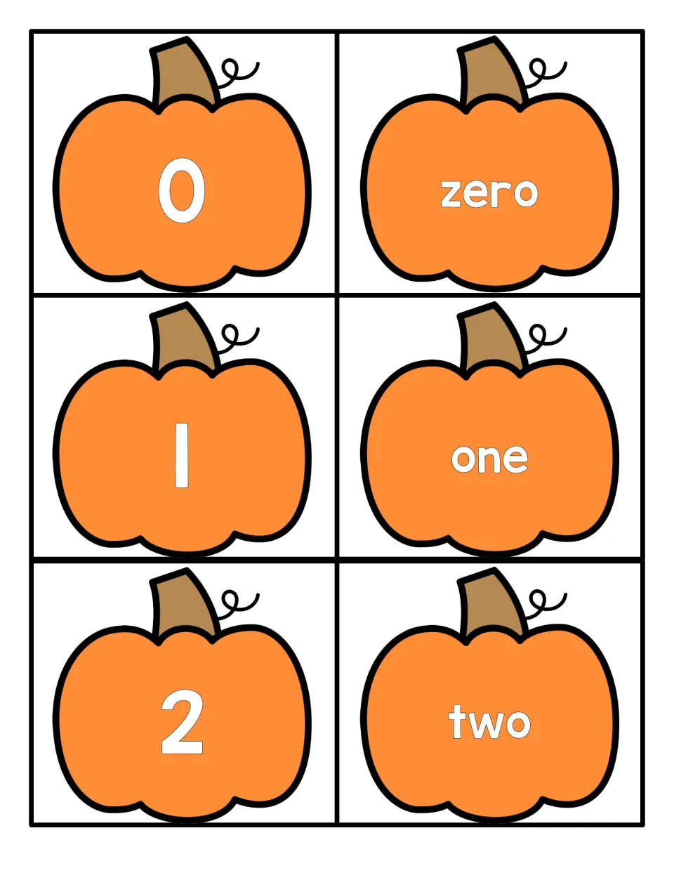 Numbers 0 to 2 on orange pumpkin cards: numerals 0, 1 and 2 each paired with a card showing zero, one or two