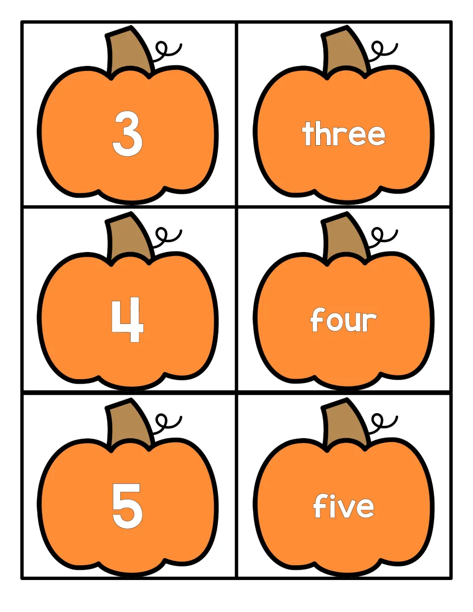 Numbers 3 to 5 on orange pumpkin cards: numerals 3, 4 and 5 each set beside a card with three, four or five