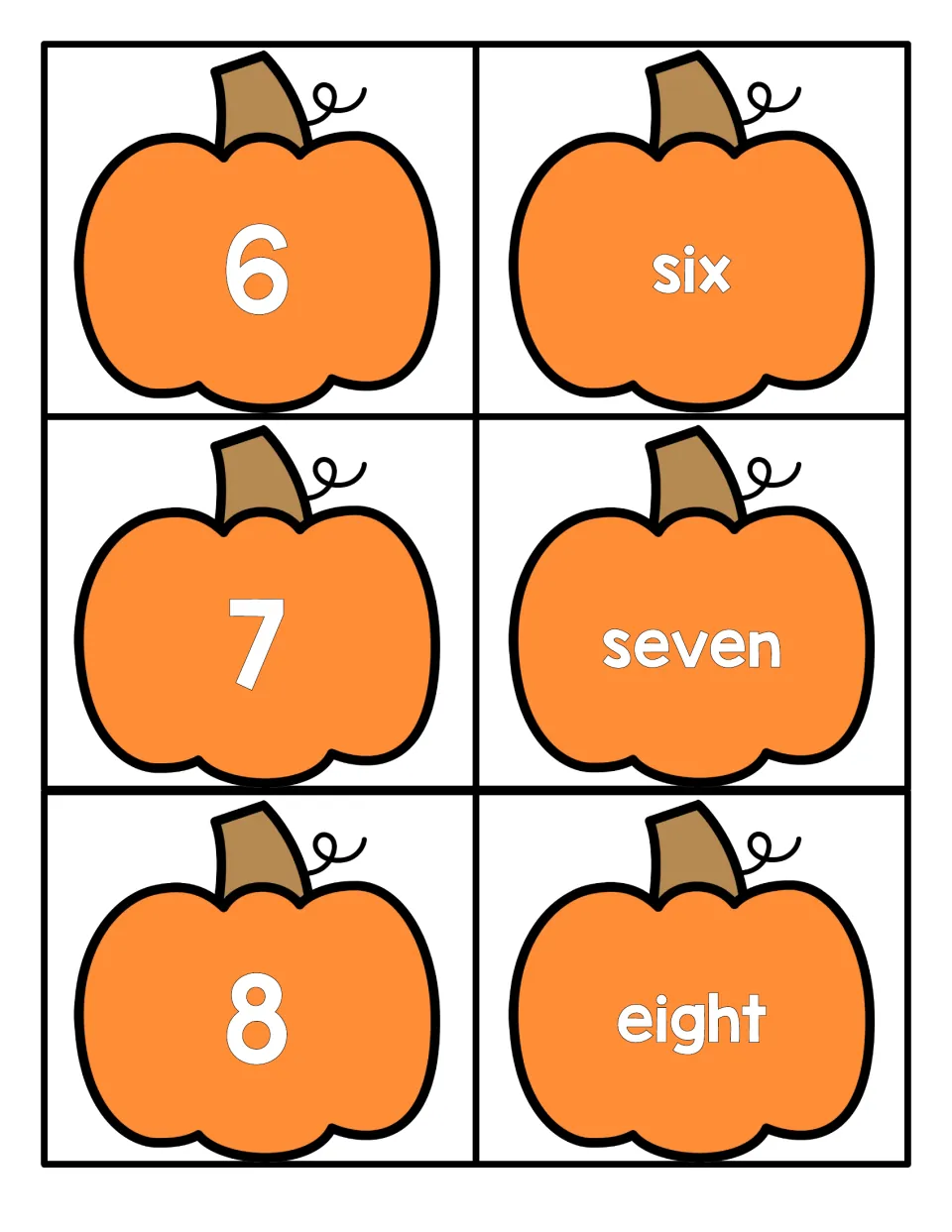 Numbers 6 to 8 on orange pumpkin cards: numerals 6, 7 and 8 next to matching word cards reading six, seven, eight