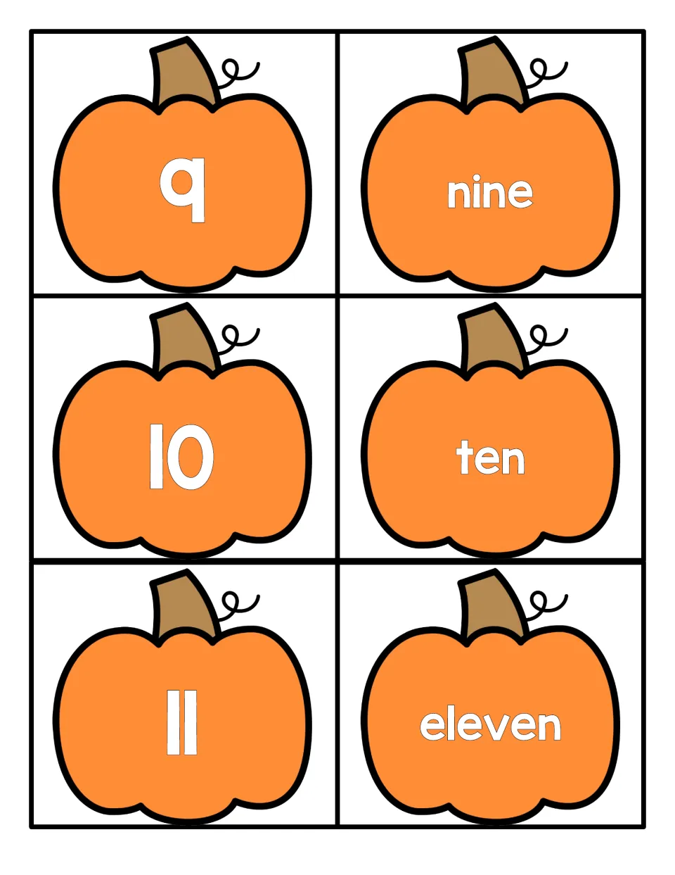 Numbers 9 to 11 on orange pumpkin cards: numerals 9, 10 and 11 alongside word cards spelling nine, ten and eleven
