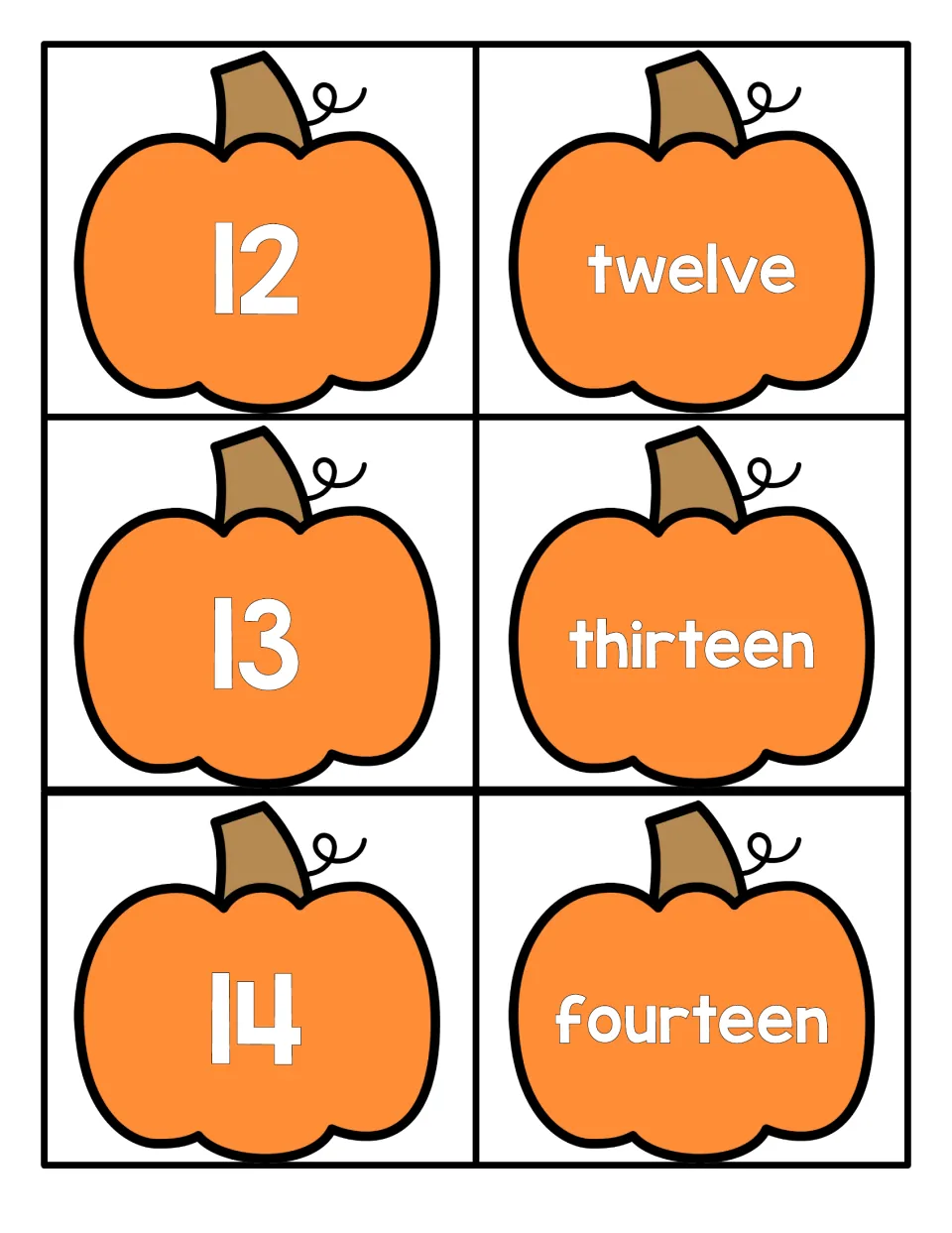 Numbers 12 to 14 on orange pumpkin cards: numerals 12, 13 and 14 with word cards for twelve, thirteen and fourteen