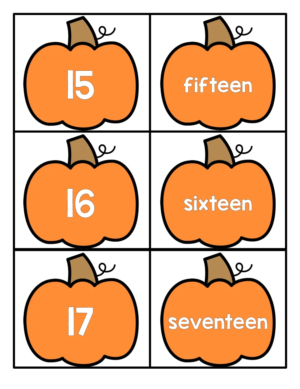 Numbers 15 to 17 on orange pumpkin cards: numerals 15, 16 and 17 paired with fifteen, sixteen and seventeen cards