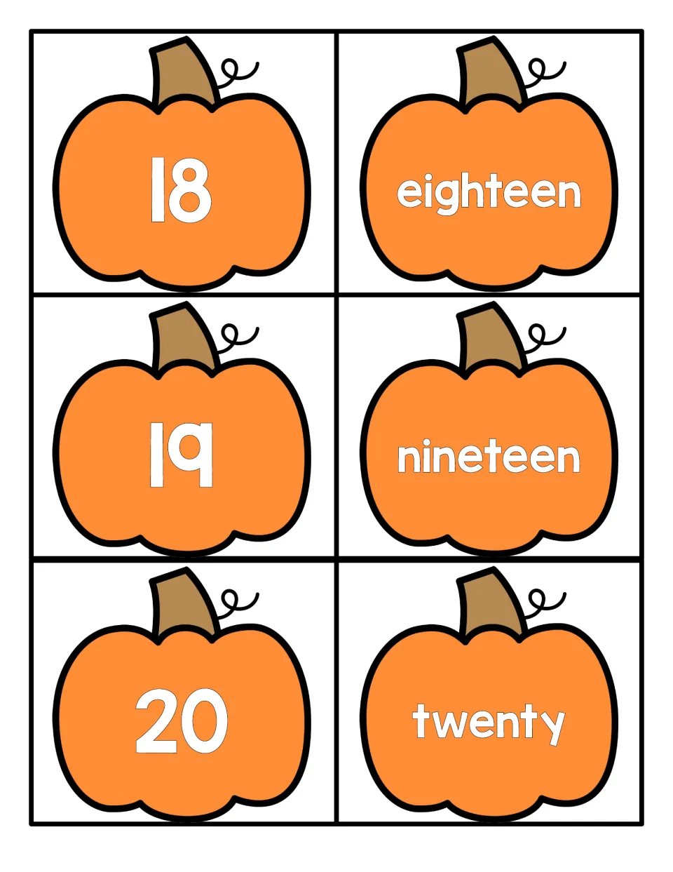 Numbers 18 to 20 on orange pumpkin cards: numerals 18, 19 and 20 shown with word cards eighteen, nineteen and twenty