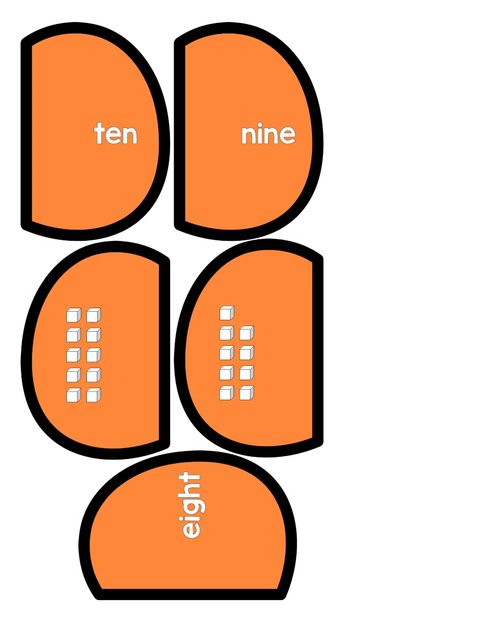 Pumpkin puzzle cut-out pieces for 10, 9 and 8: number words ten, nine, eight and cube sets of 10 and 9 to match