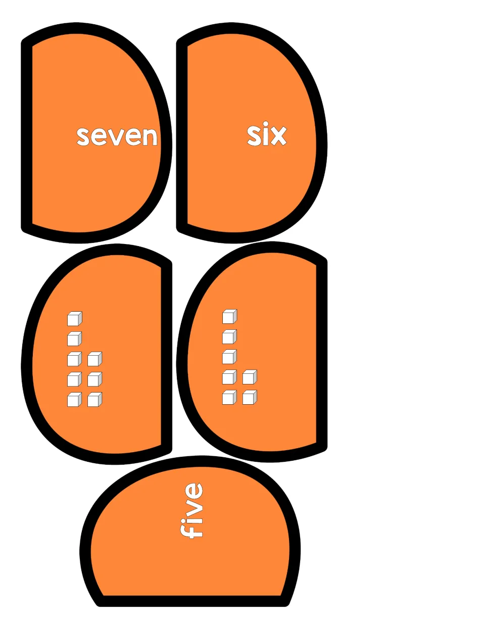 Pumpkin puzzle cut-out pieces for 7, 6 and 5: number words seven, six, five and cube sets of 8 and 7 for counting