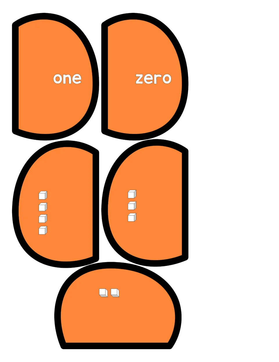 Pumpkin puzzle cut-out pieces with number words one and zero plus cube sets of 4, 3 and 2 for counting and matching